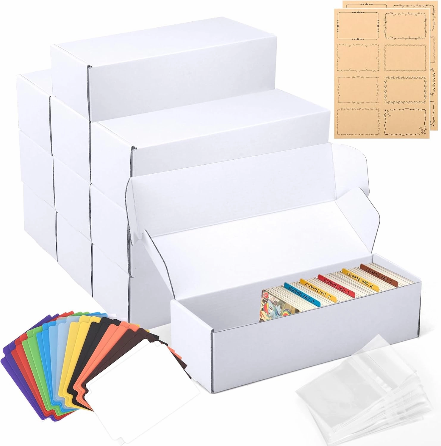 Draupnir 10 Pack Trading Card Storage Box, Cardboard Game Card Storage Box White Bulk Card with 20 Dividers, 50 Cards Protector and 2 Label Stickers for Baseball, Sports, Game Cards Storage Boxes