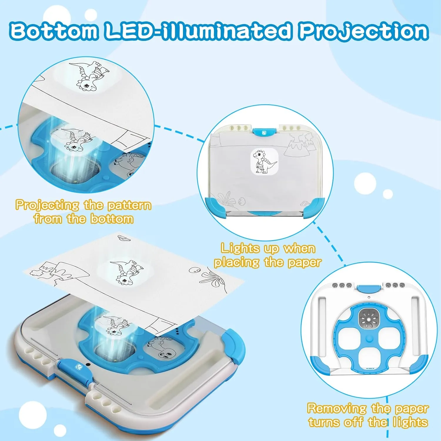 Drawing Projector for Kids, Light Up Tracing Pad with 64 Cartoon Patters and 6 Color Brushes, Educational Doodle Board Gifts for Boys Girls (Blue)