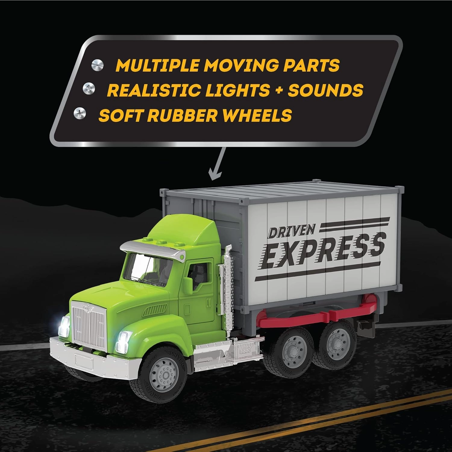 Driven by Battat – Toy Container Truck with Lights & Sounds – Small Toy Shipping Container Vehicle – Realistic Toy Truck for Kids – Movable Parts – 3 Years   – Micro Container Truck