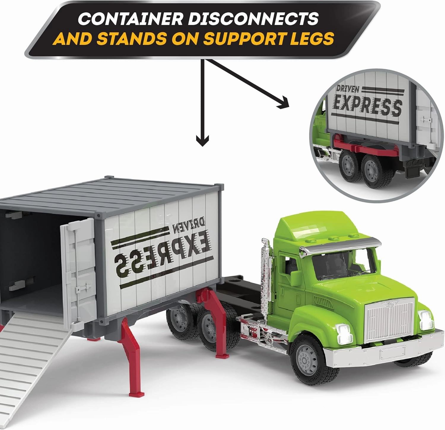 Driven by Battat – Toy Container Truck with Lights & Sounds – Small Toy Shipping Container Vehicle – Realistic Toy Truck for Kids – Movable Parts – 3 Years   – Micro Container Truck