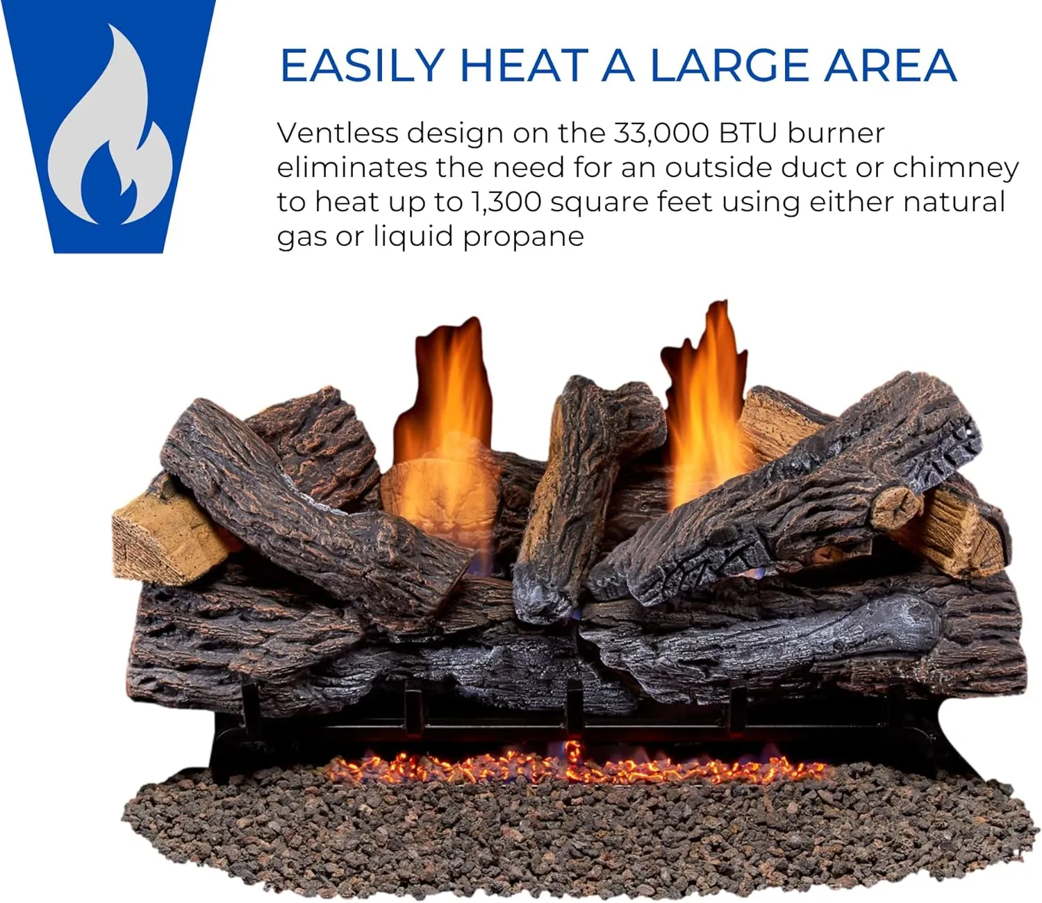 Duluth Forge DLS-30T-2 Dual Fuel Ventless Fireplace Logs Set with Thermostat, Use with Natural Gas or Liquid Propane, 33000 BTU, Heats up to 1100 Sq. Ft, Stacked Red Oak, 30 Inches