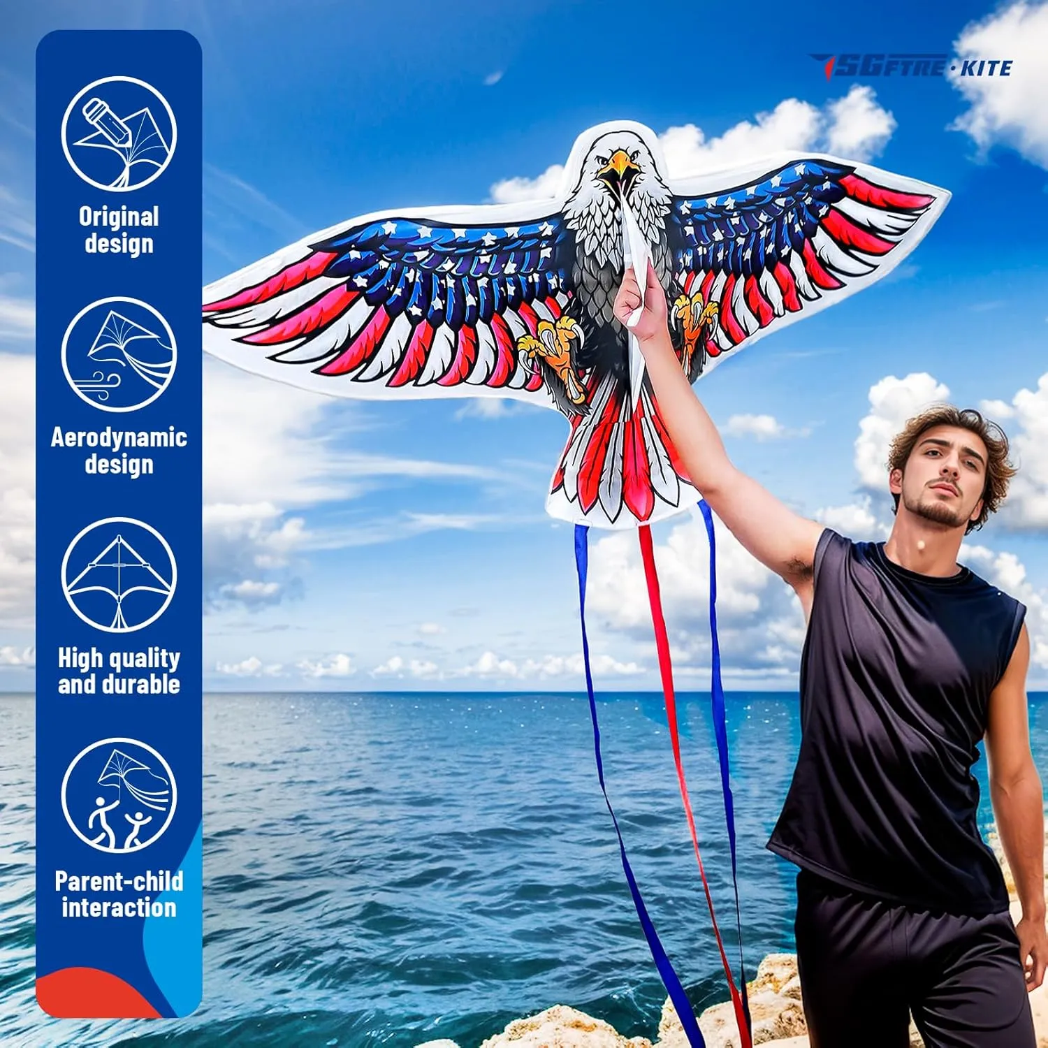 Eagle Kites for Adult and Kids，Extremely Easy to Fly for Beginners,Single Line Beach and Park Kite for Family Outdoor Games & Activities (Eagle Flag Kite)