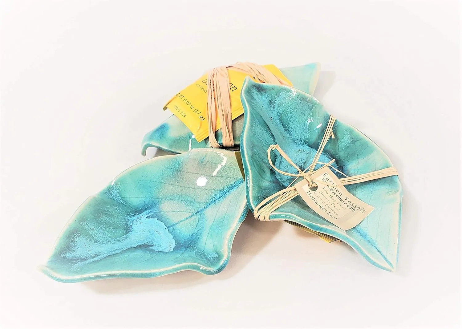Earthen Vessels Pottery, Handmade, Hydrangea Leaf, Tea Bag Holder, Teaspoon Rest or Ring Dish, Set of 3, In Ocean Teal