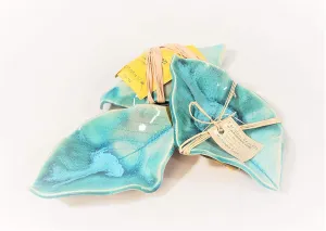 Earthen Vessels Pottery, Handmade, Hydrangea Leaf, Tea Bag Holder, Teaspoon Rest or Ring Dish, Set of 3, In Ocean Teal