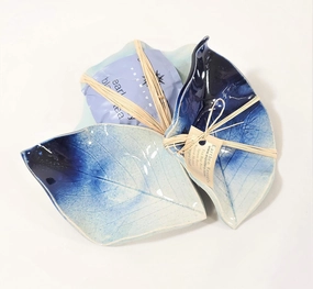 Earthen Vessels Pottery, Handmade, Hydrangea Leaf, Tea Bag Holder, Teaspoon Rest or Ring Dish, Set of 3 in Starry Night Blue