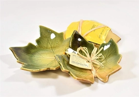 Earthen Vessels Pottery, Handmade Tea Bag Coaster, Candle Holder, Ring Dish, Condiment Dish, Thimble Berry Leaf, 3 Piece In Woodland Greens