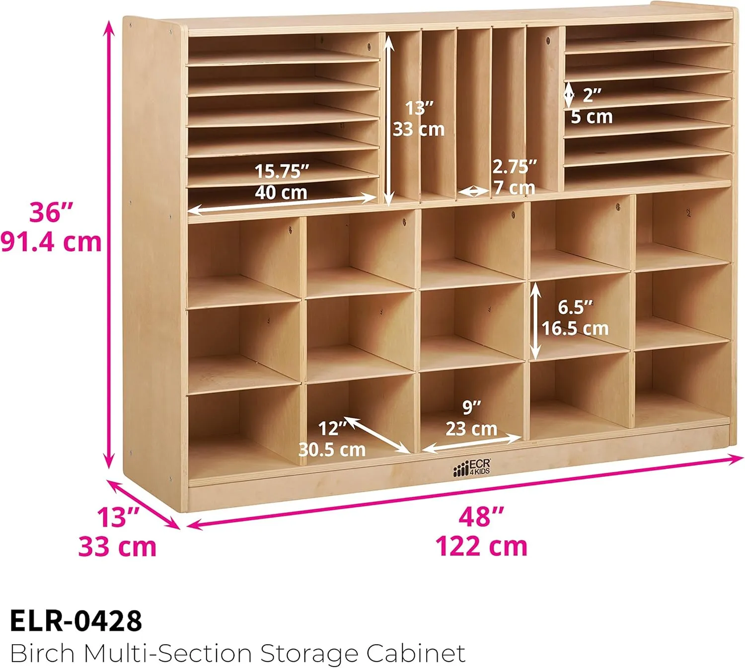 ECR4Kids Multi-Section Mobile Cabinet with Scoop Front Storage Bins, Classroom Furniture, Natural/Sand, 16-Piece