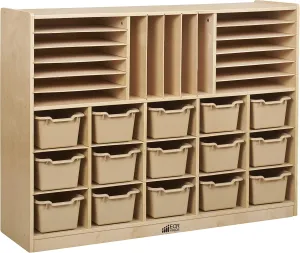 ECR4Kids Multi-Section Mobile Cabinet with Scoop Front Storage Bins, Classroom Furniture, Natural/Sand, 16-Piece