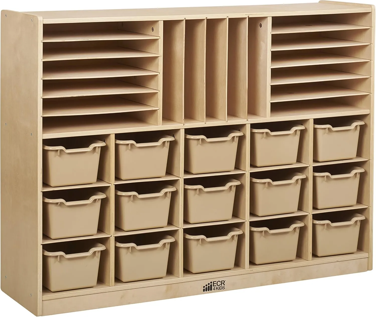 ECR4Kids Multi-Section Mobile Cabinet with Scoop Front Storage Bins, Classroom Furniture, Natural/Sand, 16-Piece