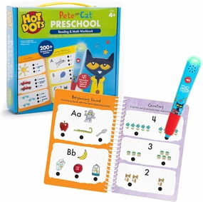 Educational Insights Hot Dots Pete The Cat Preschool Reading & Math Workbook - Preschool Workbooks with Interactive Pen, Homeschool Learning Books, Build Toddler Reading & Math Skills, Ages 4 