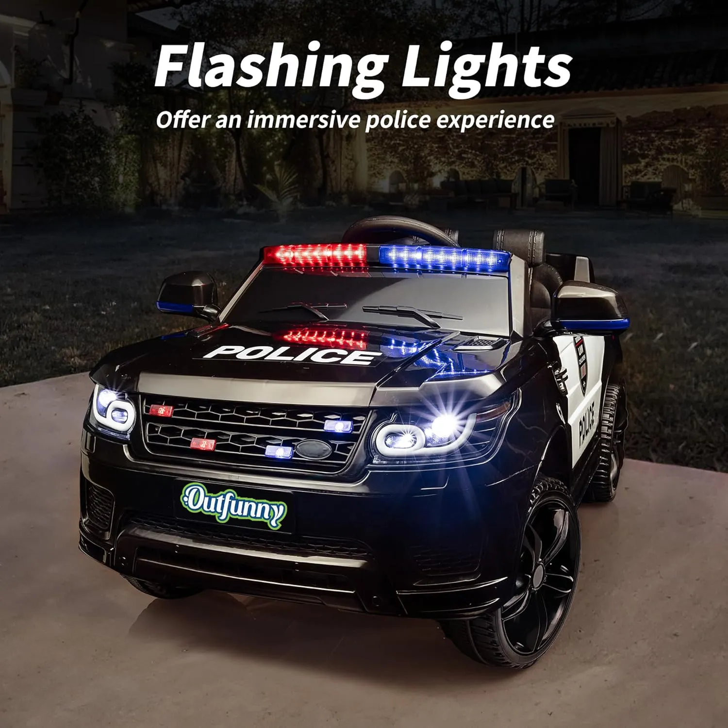 Electric Police Car for Kids, 12V Kids Ride on Toy Car with Remote Control, Megaphone - Black