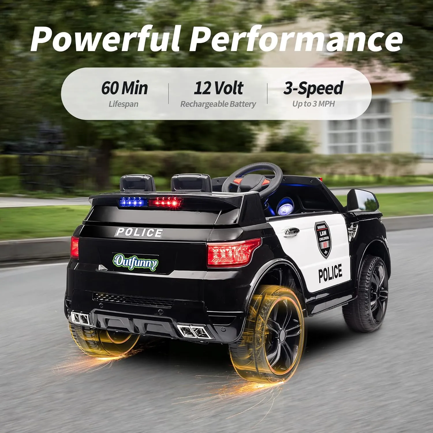 Electric Police Car for Kids, 12V Kids Ride on Toy Car with Remote Control, Megaphone - Black