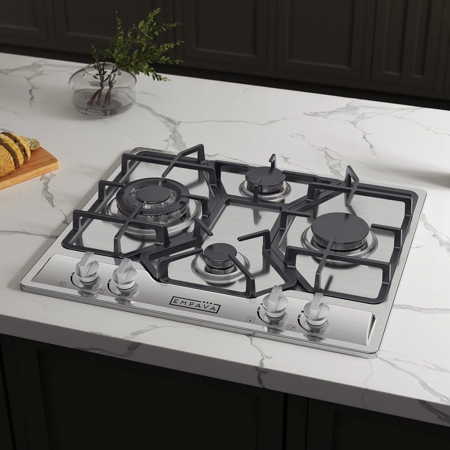 Empava 24 Inch Built-in Gas Cooktop with 4 Sealed SABAF Burners, Stainless Steel Surface LPG/NG Convertible, Flame Failure Protection, Dishwasher Safe Grates
