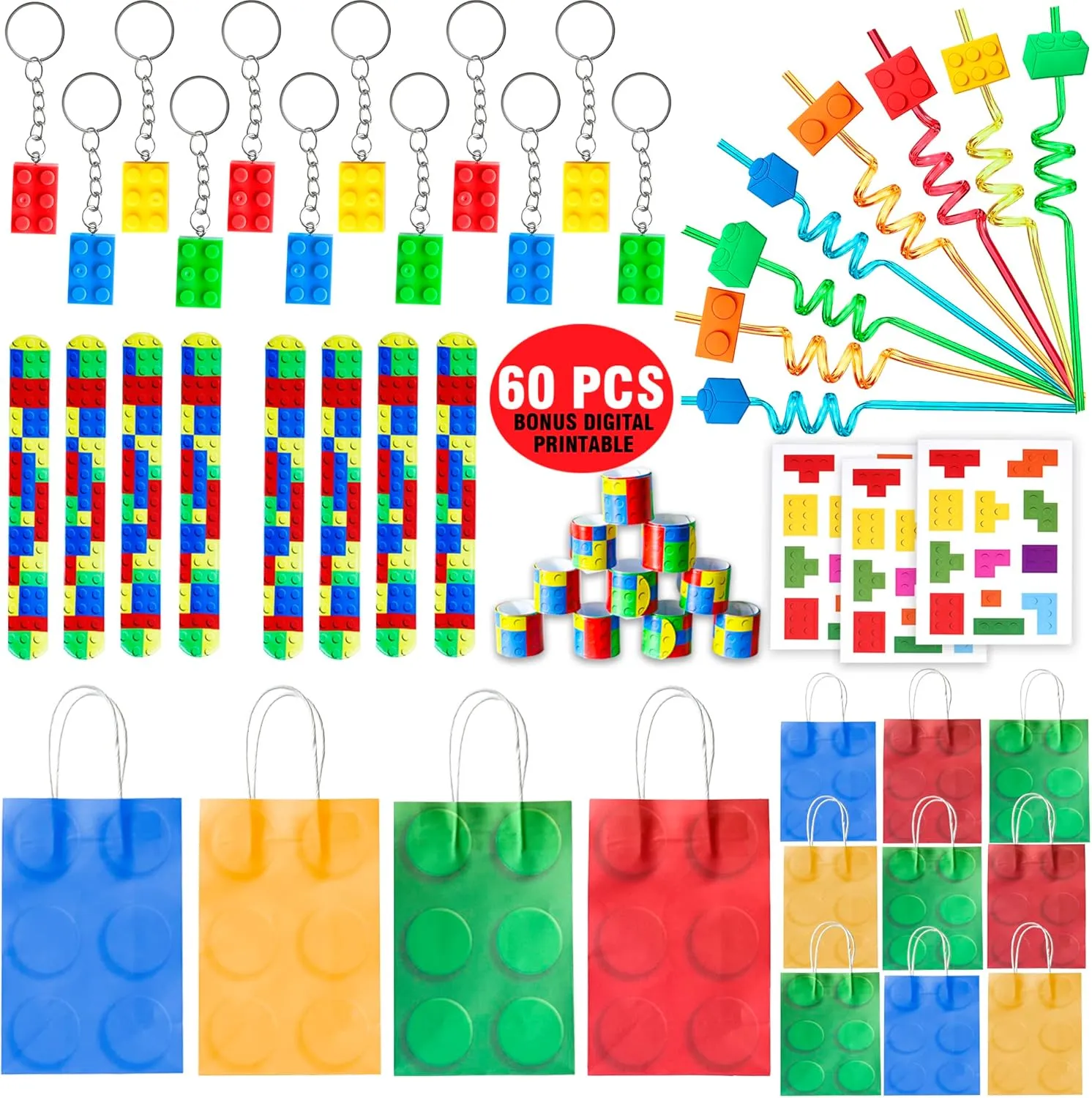Empire Party Supply 60 Pcs Building Blocks Party Favors For Kids, Set Of 12 Brick Style Keychain Wristband Treat Bag Straws Stickers for Building Blocks Birthday Party Supplies