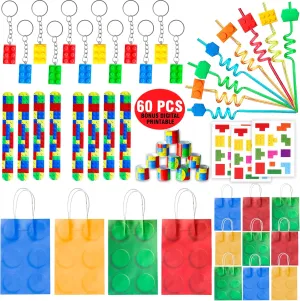 Empire Party Supply 60 Pcs Building Blocks Party Favors For Kids, Set Of 12 Brick Style Keychain Wristband Treat Bag Straws Stickers for Building Blocks Birthday Party Supplies