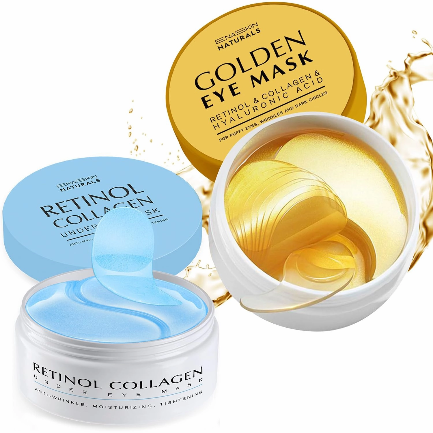 Enaskin Naturals Under Eye Patches Bundle: Retinol Collagen and 24K Golden for Dark Circles and Puffiness
