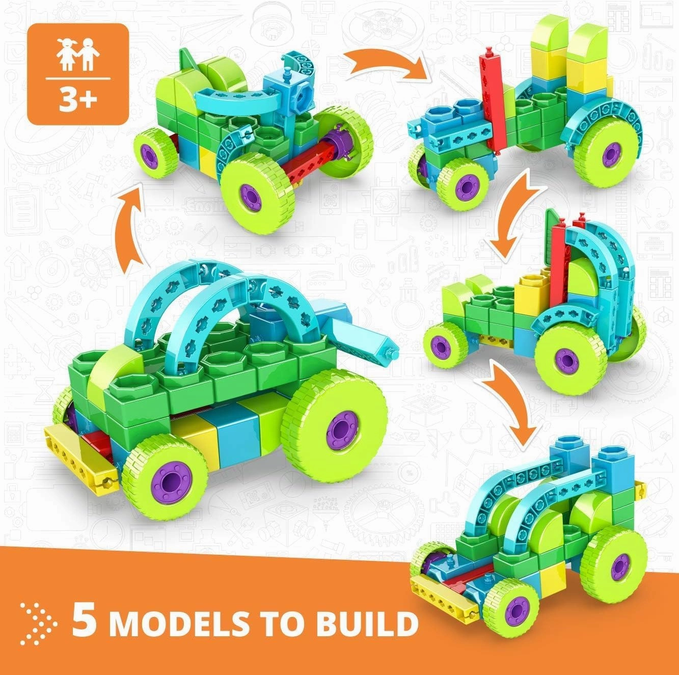 Engino: STEAM Labs Junior: Learning About…Vehicles - 5 Model Toy Brick Building Set, Facts Storybook & Number Activities, Stack & Click Play, Kids 3 