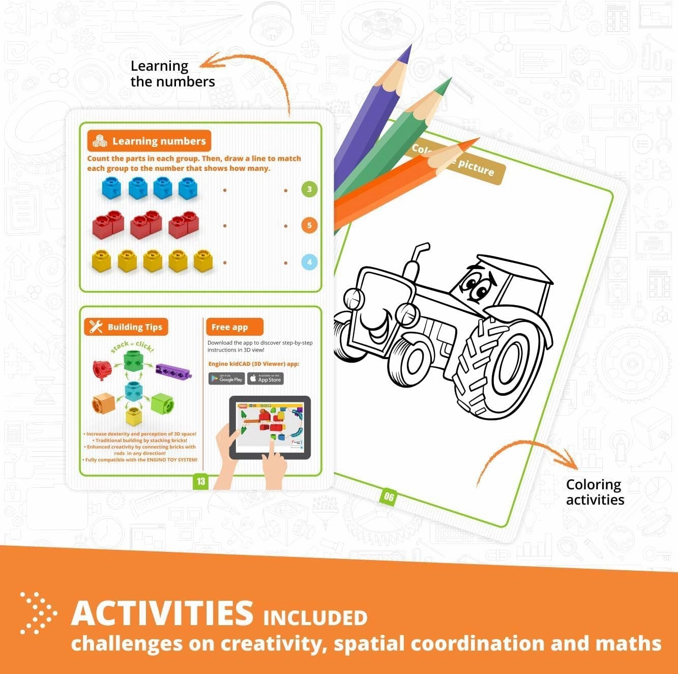 Engino: STEAM Labs Junior: Learning About…Vehicles - 5 Model Toy Brick Building Set, Facts Storybook & Number Activities, Stack & Click Play, Kids 3 
