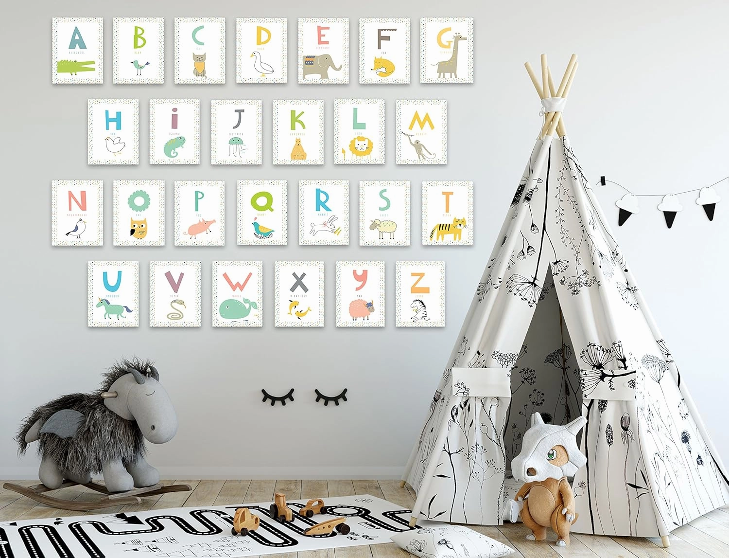 English Alphabet Wall Cards Art Flash Cards- Set of 26 White (5" x 7") Animal Alphabet Cards for Nursery Decor, Gifts, Kids Room, Classroom, by Kindred Sol Collective