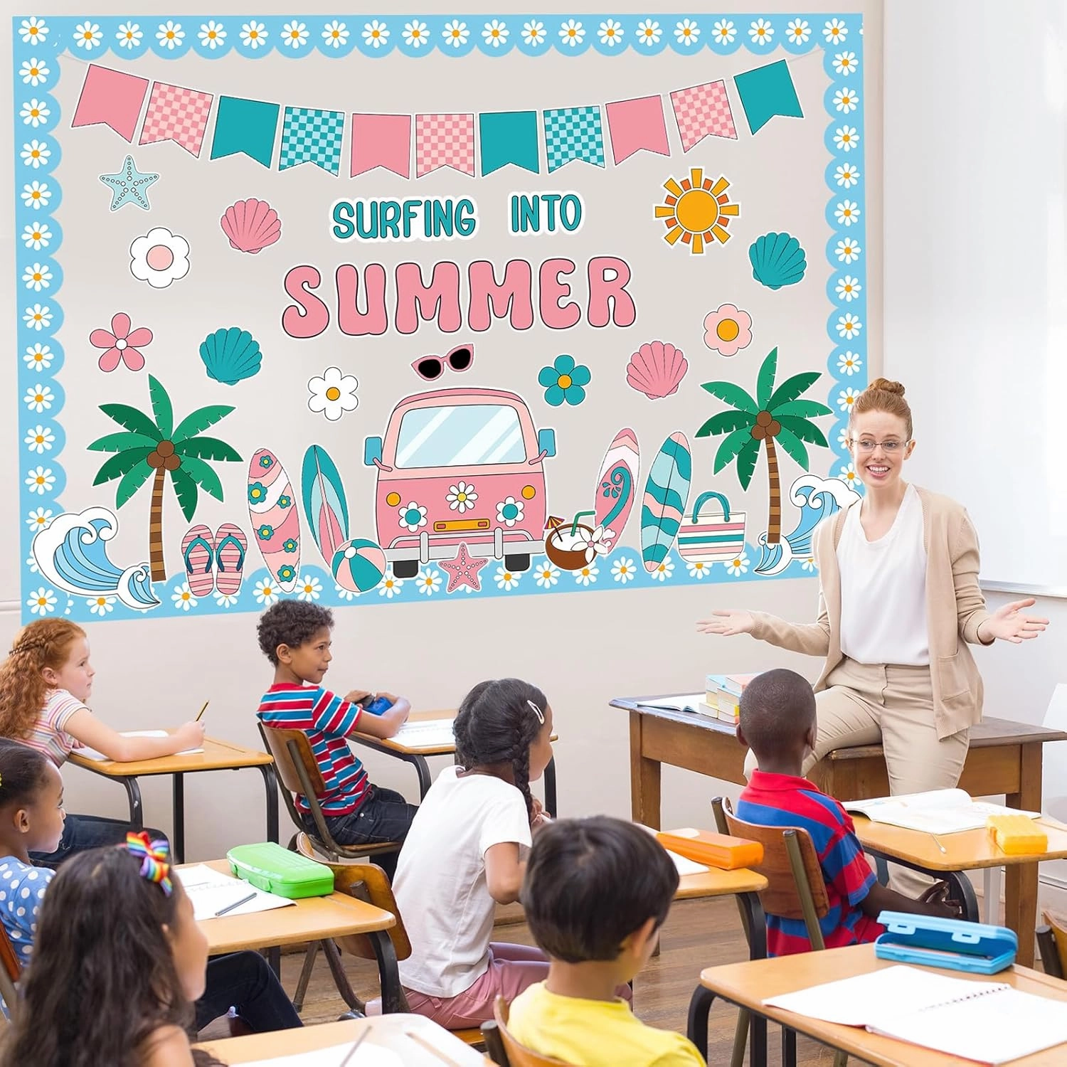 Epakh Summer Beach Bulletin Board Set Groovy Beach Paper Cutouts Surfing Into Summer Classroom Decorations with Daisy Borders for Door Wall School Retro Pool Party Supplies