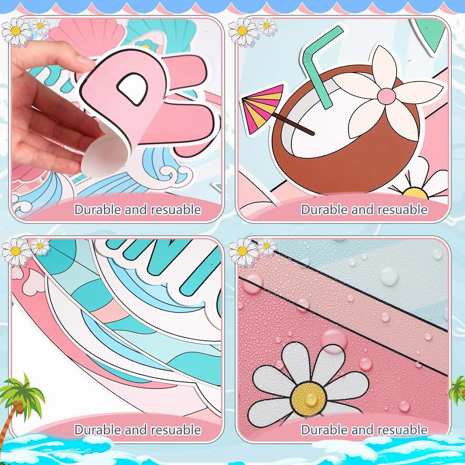 Epakh Summer Beach Bulletin Board Set Groovy Beach Paper Cutouts Surfing Into Summer Classroom Decorations with Daisy Borders for Door Wall School Retro Pool Party Supplies