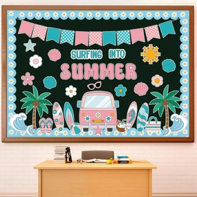Epakh Summer Beach Bulletin Board Set Groovy Beach Paper Cutouts Surfing Into Summer Classroom Decorations with Daisy Borders for Door Wall School Retro Pool Party Supplies