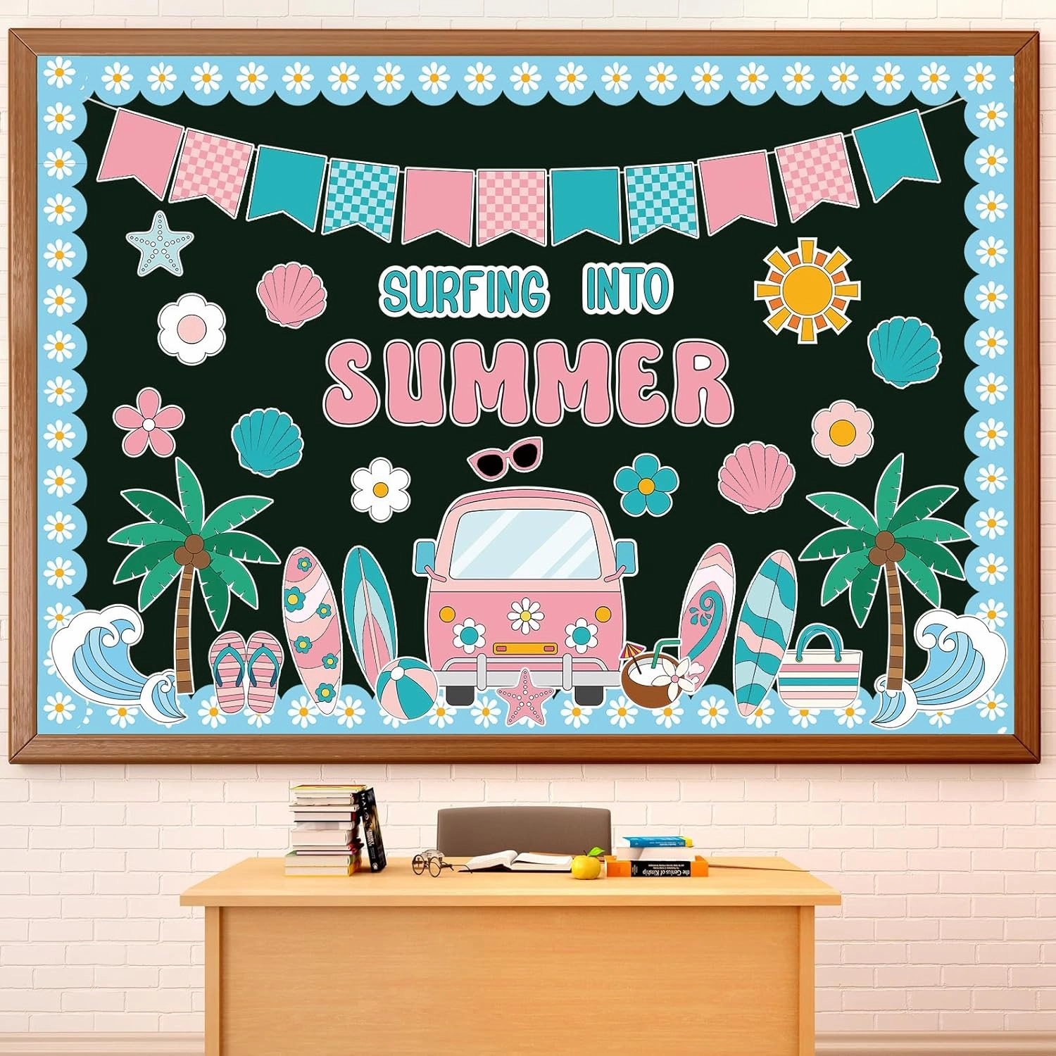 Epakh Summer Beach Bulletin Board Set Groovy Beach Paper Cutouts Surfing Into Summer Classroom Decorations with Daisy Borders for Door Wall School Retro Pool Party Supplies