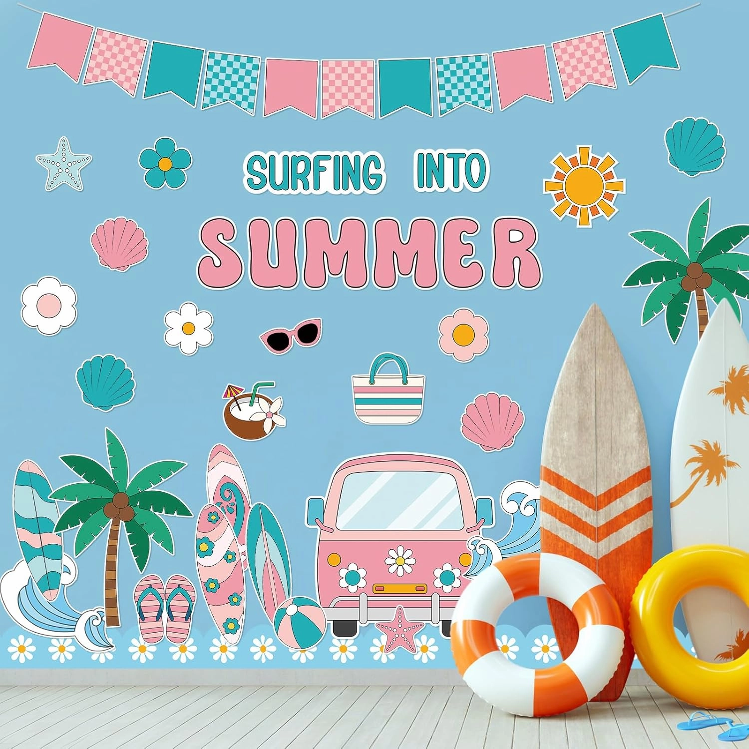 Epakh Summer Beach Bulletin Board Set Groovy Beach Paper Cutouts Surfing Into Summer Classroom Decorations with Daisy Borders for Door Wall School Retro Pool Party Supplies