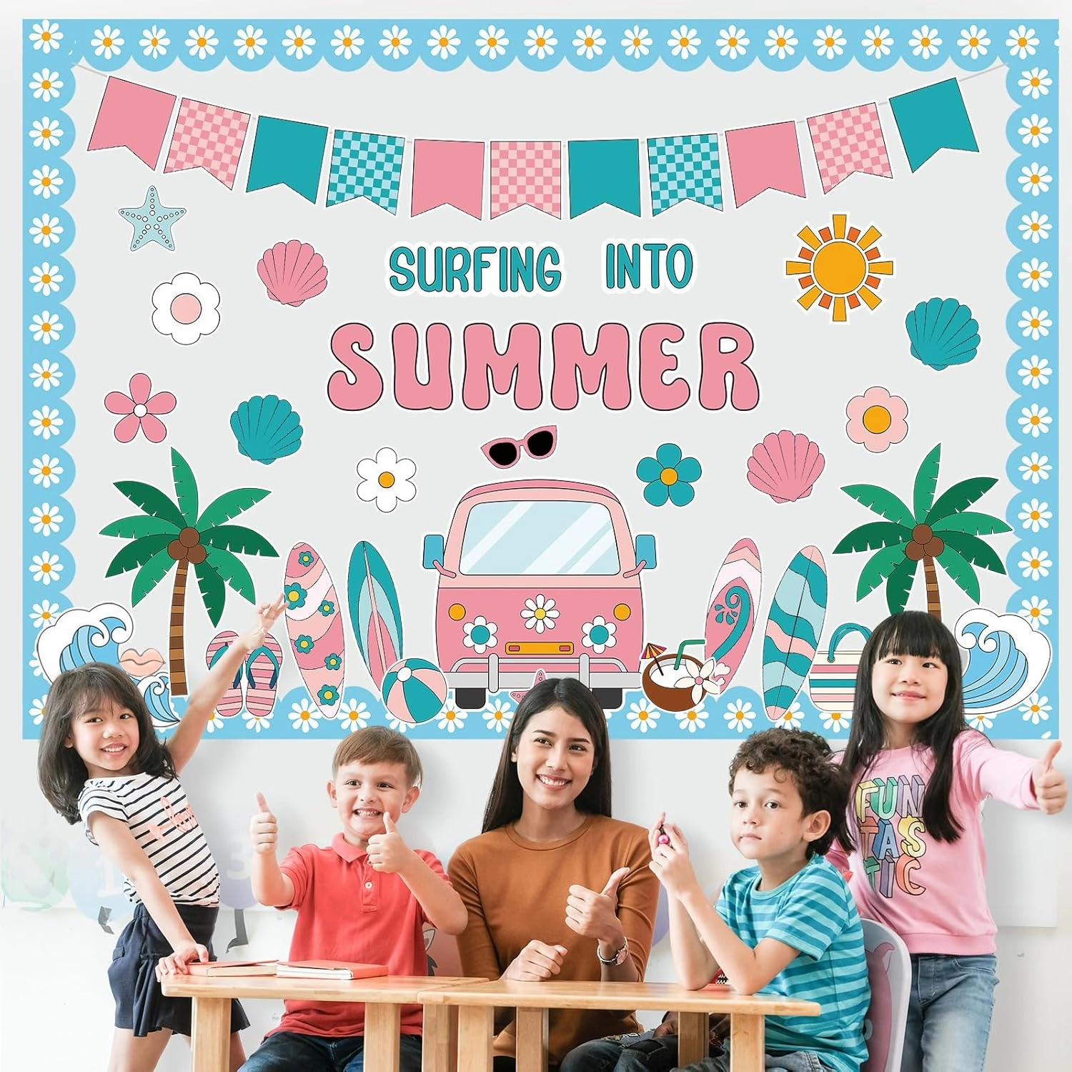 Epakh Summer Beach Bulletin Board Set Groovy Beach Paper Cutouts Surfing Into Summer Classroom Decorations with Daisy Borders for Door Wall School Retro Pool Party Supplies