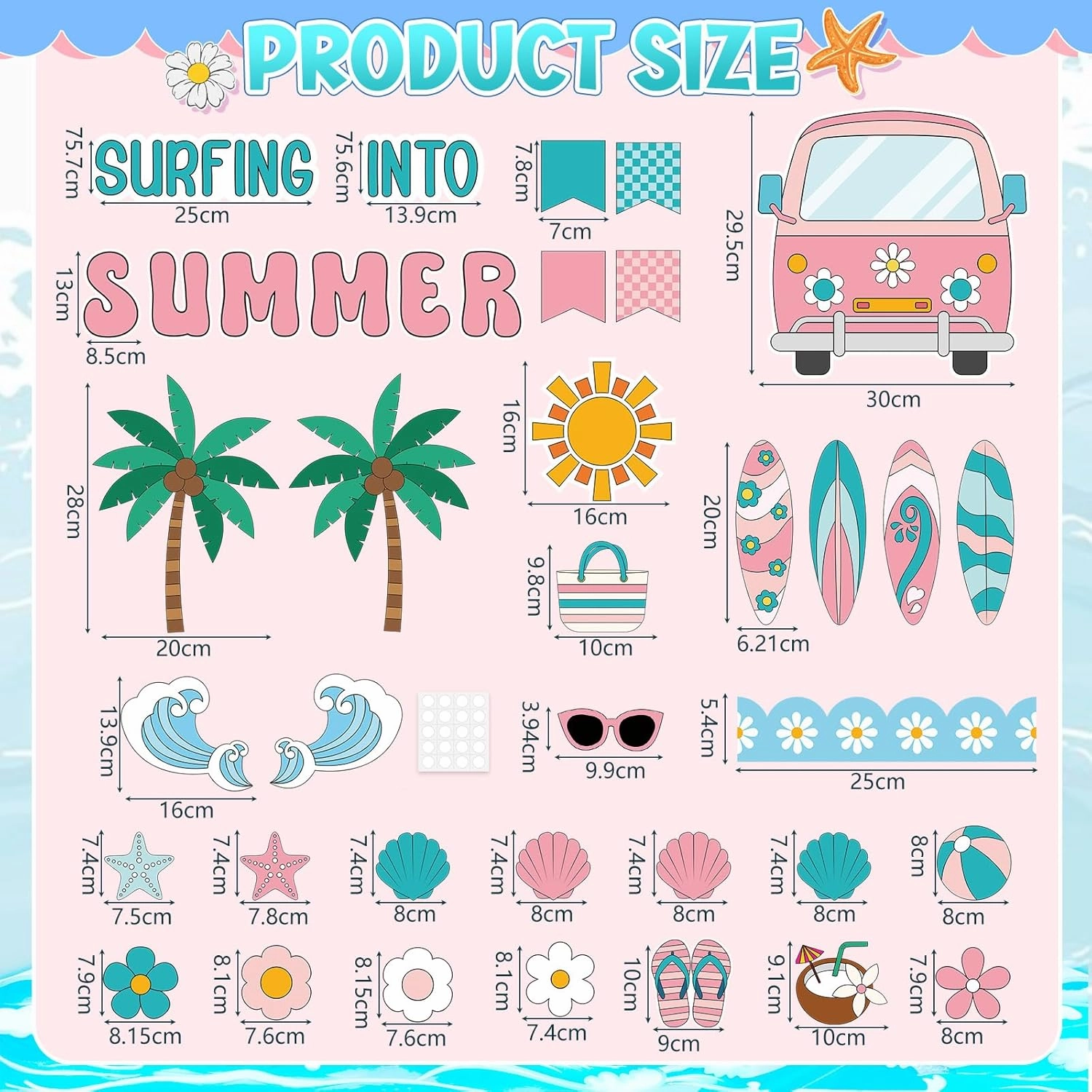 Epakh Summer Beach Bulletin Board Set Groovy Beach Paper Cutouts Surfing Into Summer Classroom Decorations with Daisy Borders for Door Wall School Retro Pool Party Supplies