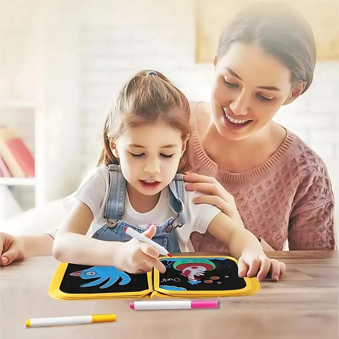 Erasable Doodle Colouring Book for Kids & Toddlers Portable Reusable Drawing Pad with Wet Wipes & Colors Pens - Art Set for Boys and Girls (Bear (6 Sided))