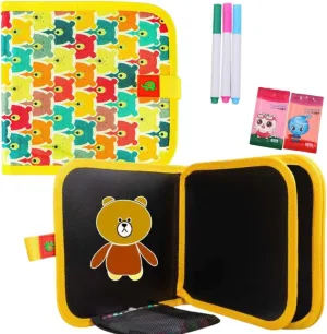 Erasable Doodle Colouring Book for Kids & Toddlers Portable Reusable Drawing Pad with Wet Wipes & Colors Pens - Art Set for Boys and Girls (Bear (6 Sided))