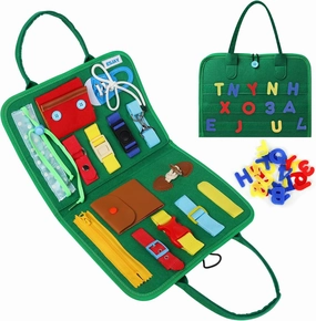 Esjay Toddler Busy Board, Montessori Toys to Learn Fine Motor Skill, Educational Sensory Board, Toddler Activities for Travel Airplane Car,Green Alphabet