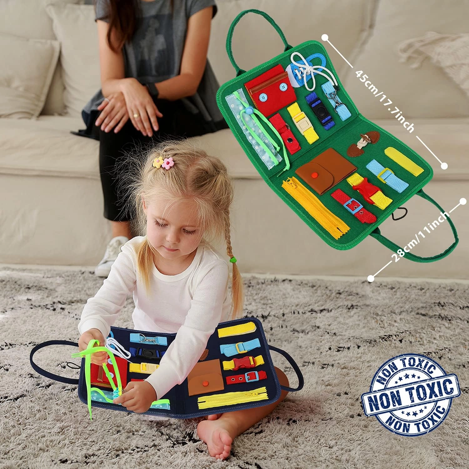 Esjay Toddler Busy Board, Montessori Toys to Learn Fine Motor Skill, Educational Sensory Board, Toddler Activities for Travel Airplane Car,Green Alphabet