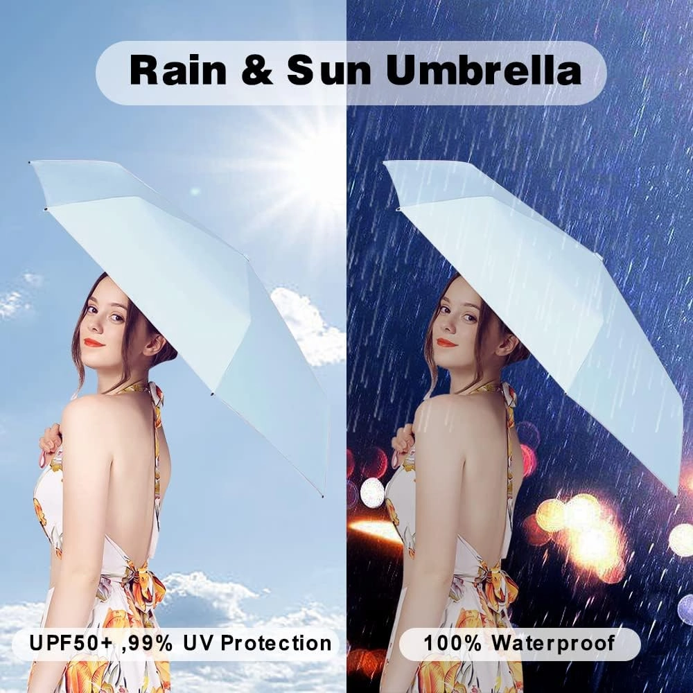 ESUFEIR Mini Travel Sun Umbrella for Purse With Case,Small Compact UV Umbrella Protection Sun,Lightweight Portable Parasol Windproof for Women Men Kids (syblue)