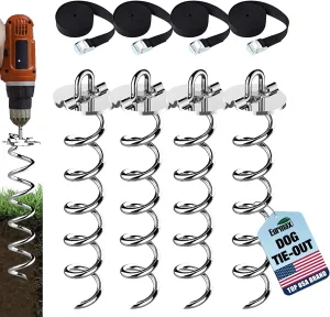 Eurmax USA 4-Pc Pack Spiral Stakes Heavy Duty Anchor Kit Ice Screw Anchor for Trampoline, Tents, tarps, Canopies,car Ports,Dog tie Out and etc Bonus Tie Down Straps 4-Pc Pack (Silver)