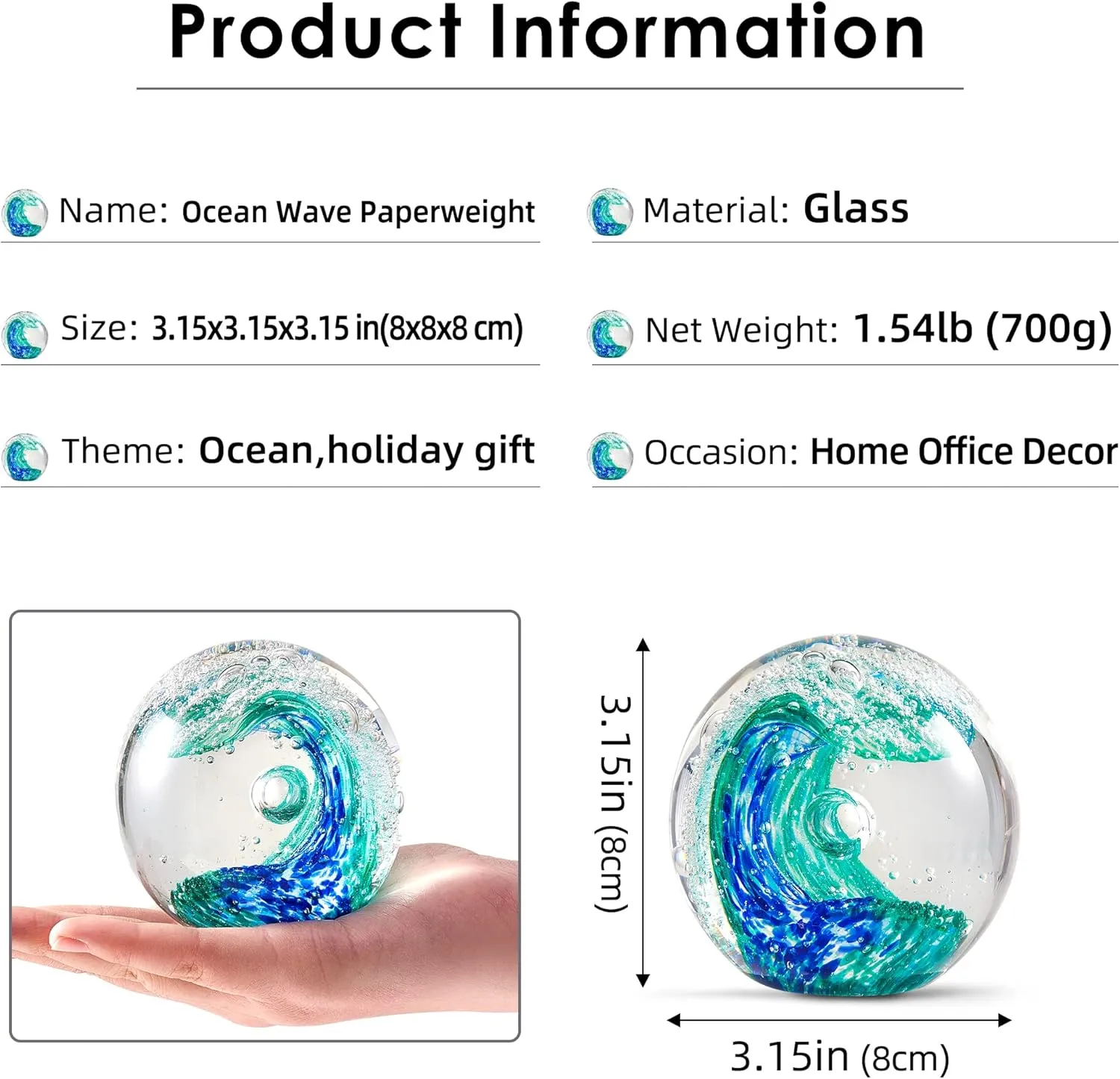 EUSTUMA Hand Blown Glass Figurines Ball Ocean Waves,Paperweight Glass Ball,Home Decor Collectible,Aquarium Decor,Office Decor Ocean Lovers