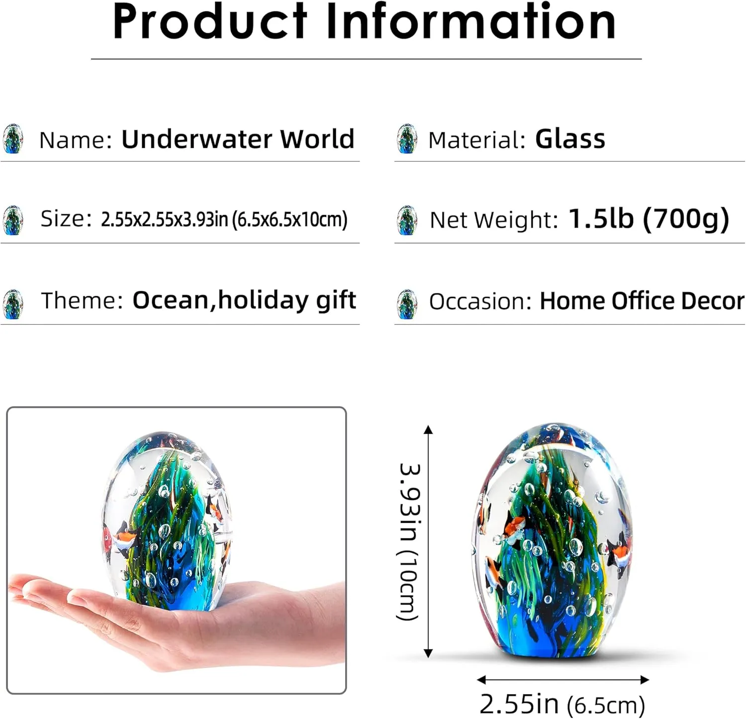 EUSTUMA Hand Blown Underwater World of Glass, Office Paperweight, Aquarium Decor, Ocean Lovers