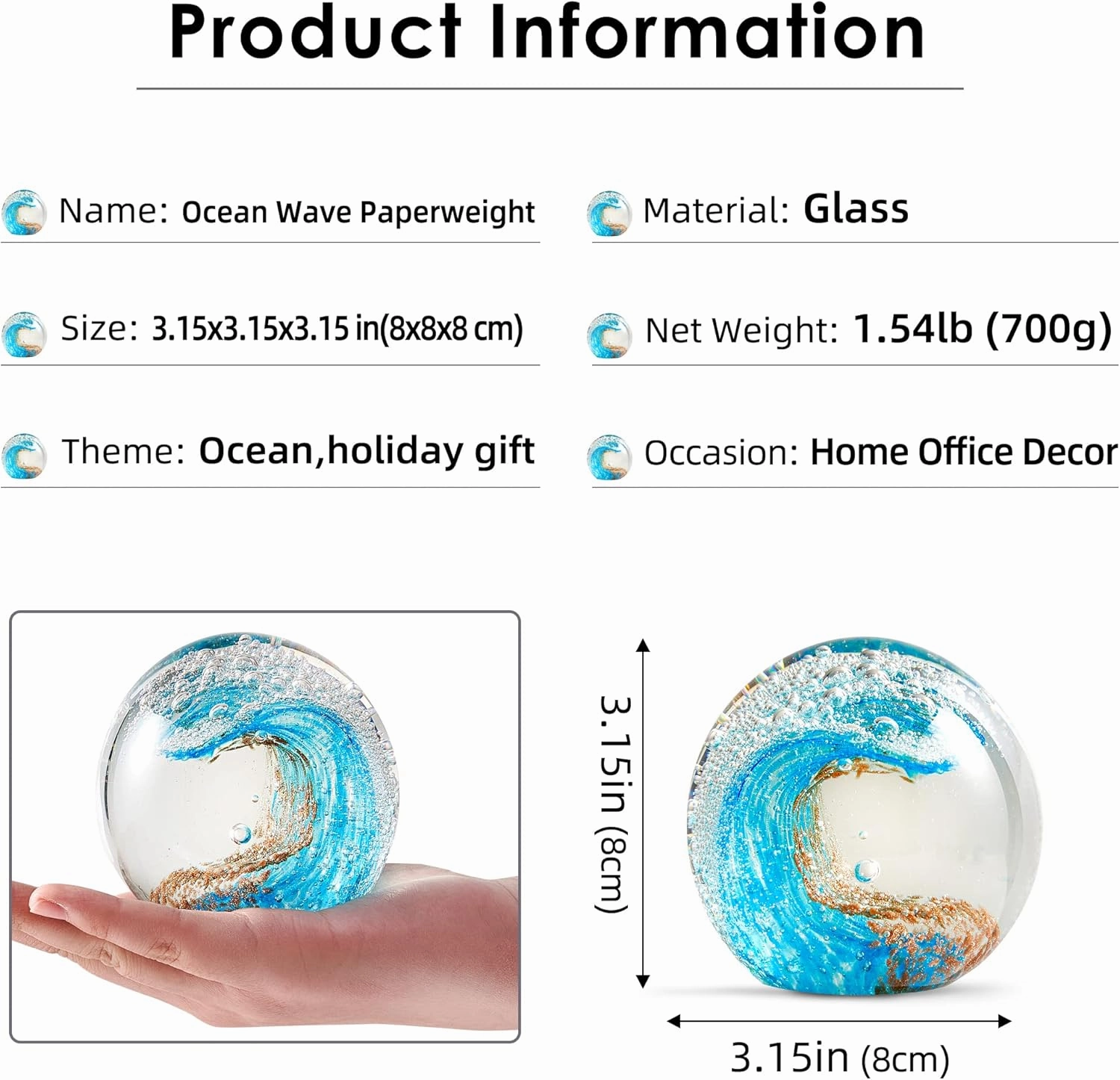 EUSTUMA Hand Blown Glass Figurines Ball Ocean Waves,Office Paperweight Glass for Desk,Home Decor Collectible,Aquarium Decor,Office Decor Ocean Lovers (Blue)