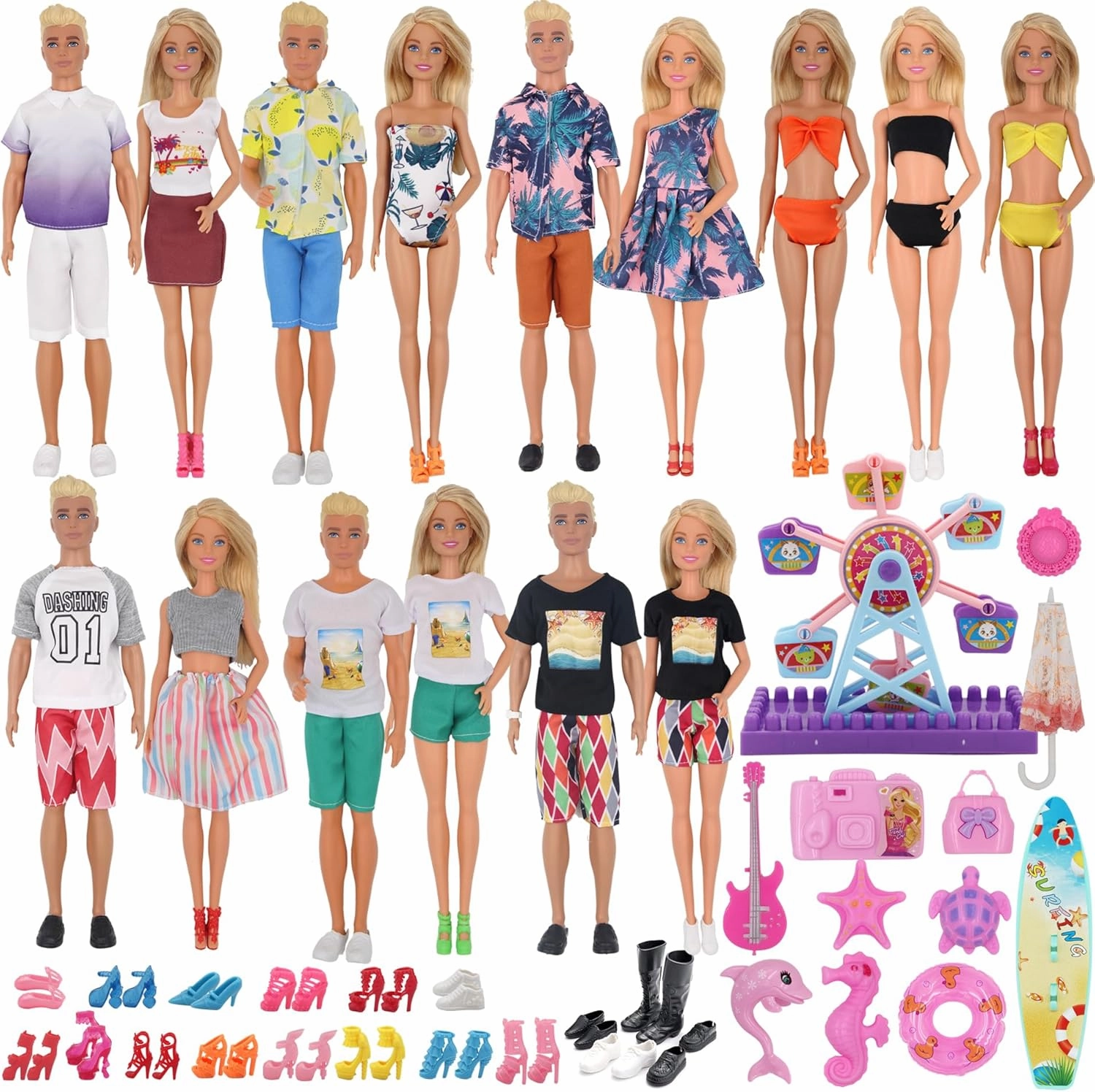 EuTengHao 78Pcs Doll Clothes and Accessories for 11.5 Inch Girl Doll and 12 Inch Boy Doll Includes 28 Wear Clothes Shoes and Couple's Clothes Sky Wheel Surfboard Hat for Summer Style Doll Accessories