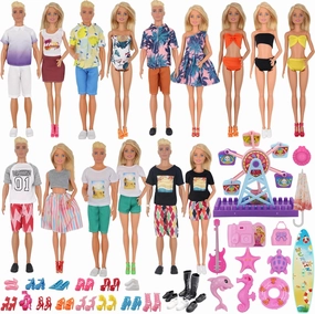 EuTengHao 78Pcs Doll Clothes and Accessories for 11.5 Inch Girl Doll and 12 Inch Boy Doll Includes 28 Wear Clothes Shoes and Couple's Clothes Sky Wheel Surfboard Hat for Summer Style Doll Accessories