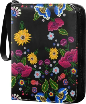 Exnundod 4 Pocket Trading Card Binder Embroidery Simple Flowers PU Leather Card Collection Binder Spring Element 400 Cards Organizer Binder Collectible Trading Card Albums for Sports Game Card
