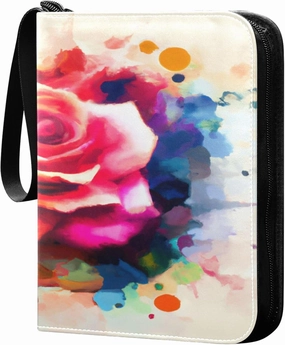 Exnundod Watercolor Valentines Day Rose Trading Card Binder for Cards, Colorful Card Album 4-Pockets for 400 Cards with Removable Sleeves PU Baseball Card Holder Football Sports Card Collection