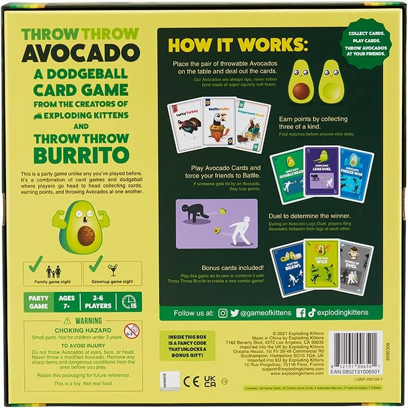 Exploding Kittens Presents Throw Avocado - A Dodgeball Card Sequel and Expansion Set - Family-Friendly Card Games for Adults, Teens & Kids - 2-6 Players - Ages 7 and Up - 120 Cards