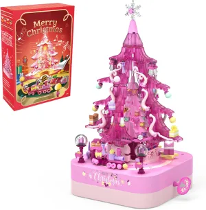 Exultation Pink Crystal Christmas Tree Set, 558 Pieces Light Up Music Box, Pink Xmas Ornaments for Kids, Rotating Tree, 2024 Holiday Home Decor