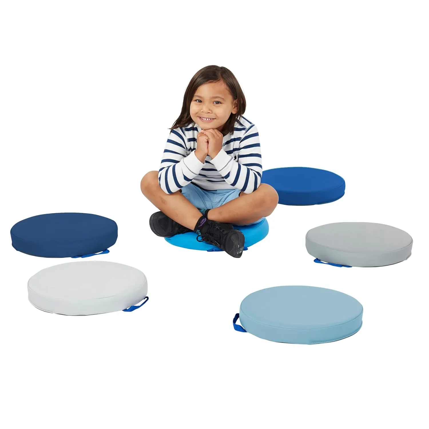 Factory Direct Partners SoftScape 15 inch Round Classroom Floor Cushions with Handles; Flexible Seating for Daycare, Preschool, Playroom; 2 inch Thick Deluxe Foam (6-Piece)