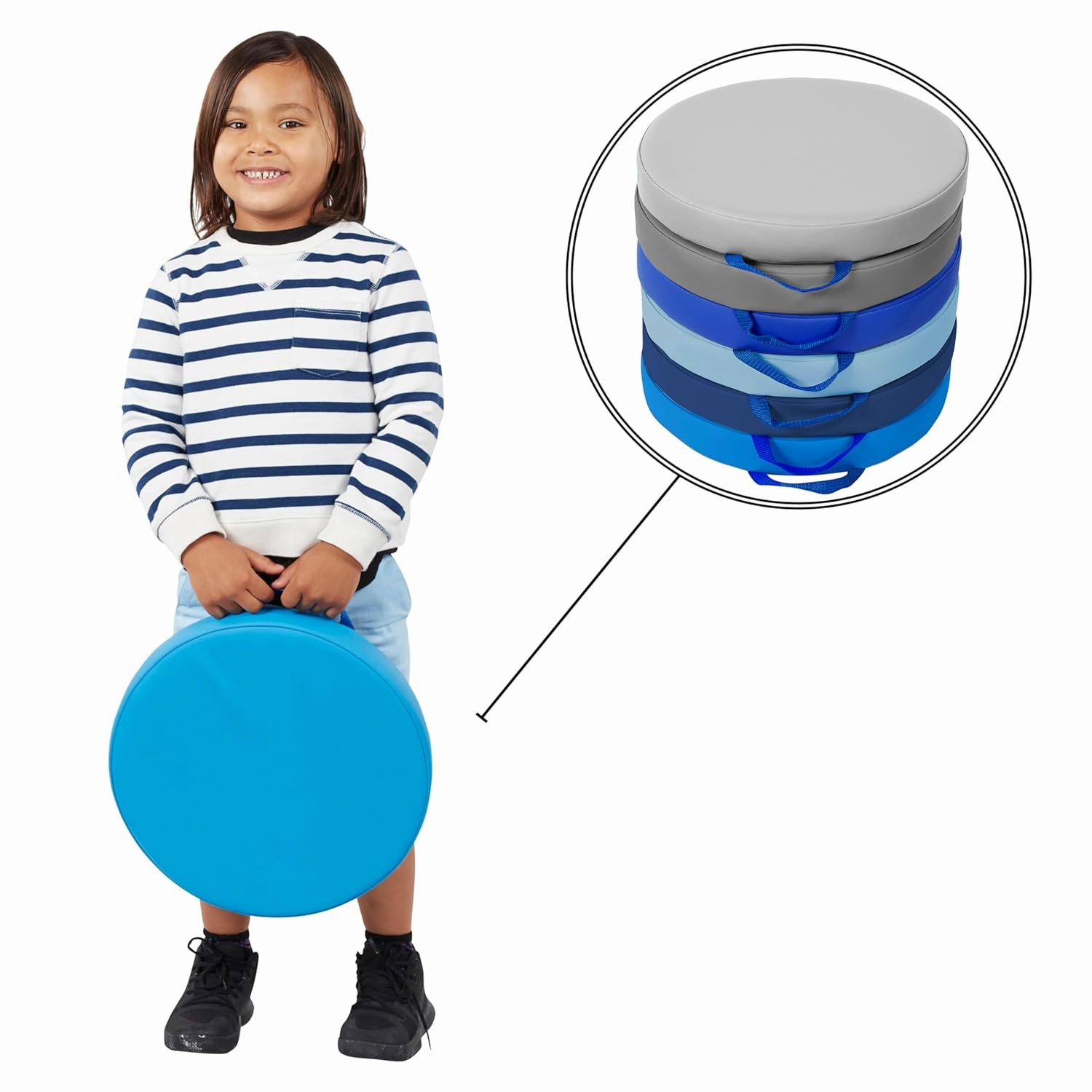 Factory Direct Partners SoftScape 15 inch Round Classroom Floor Cushions with Handles; Flexible Seating for Daycare, Preschool, Playroom; 2 inch Thick Deluxe Foam (6-Piece)
