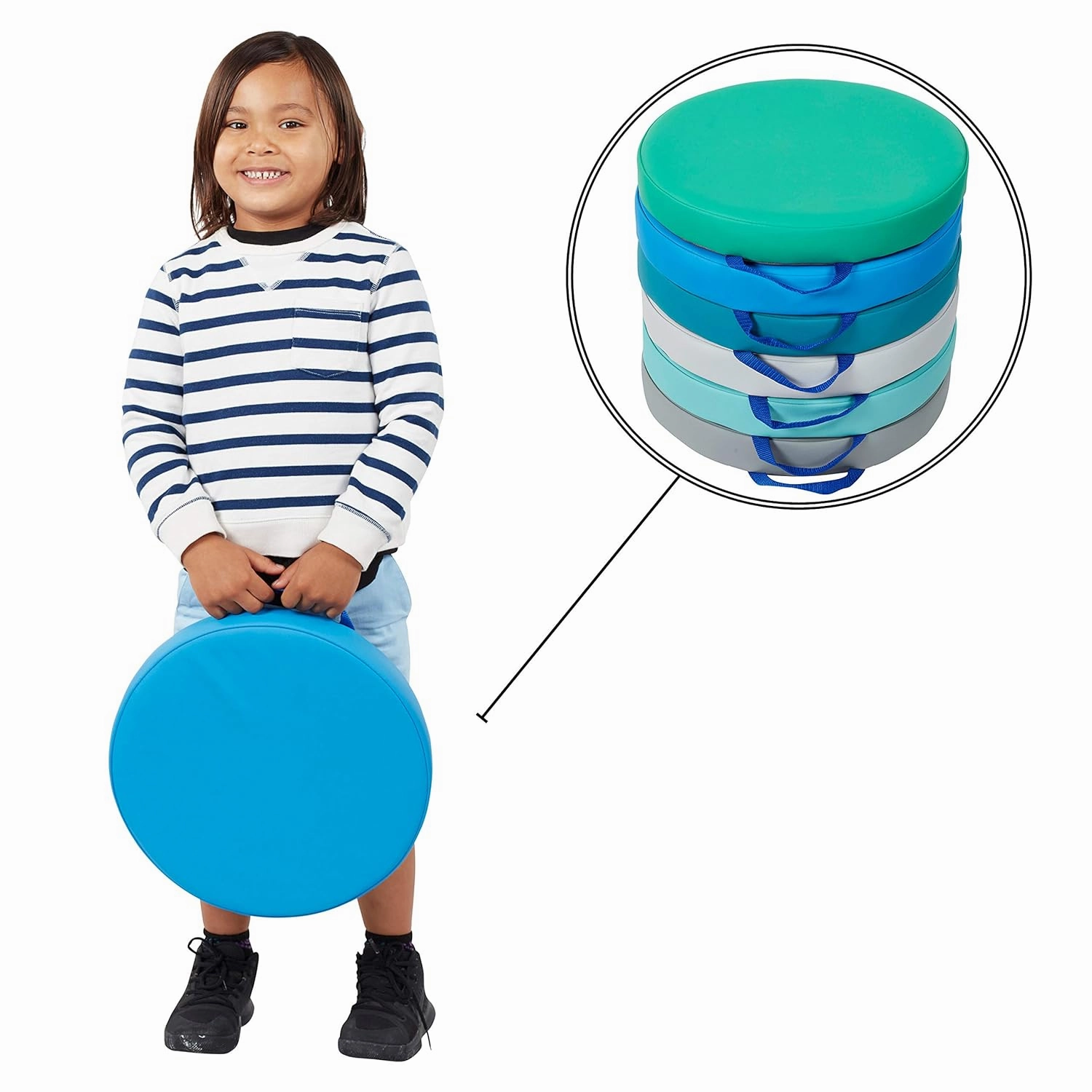 Factory Direct Partners SoftScape 15 inch Round Classroom Floor Cushions with Handles; Flexible Seating for Daycare, Preschool, Playroom; 2 inch Thick Deluxe Foam (6-Piece) - Contemporary, 11232-CT