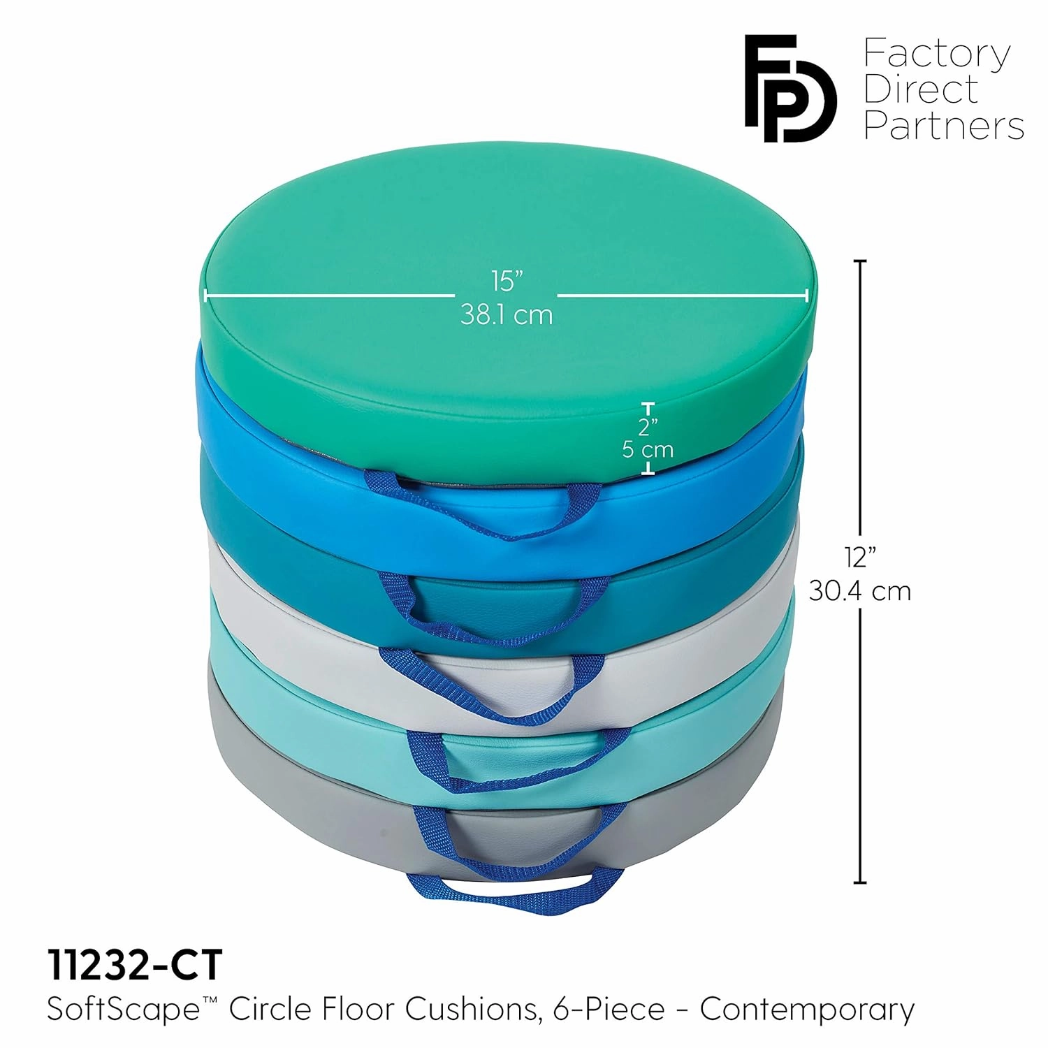 Factory Direct Partners SoftScape 15 inch Round Classroom Floor Cushions with Handles; Flexible Seating for Daycare, Preschool, Playroom; 2 inch Thick Deluxe Foam (6-Piece) - Contemporary, 11232-CT