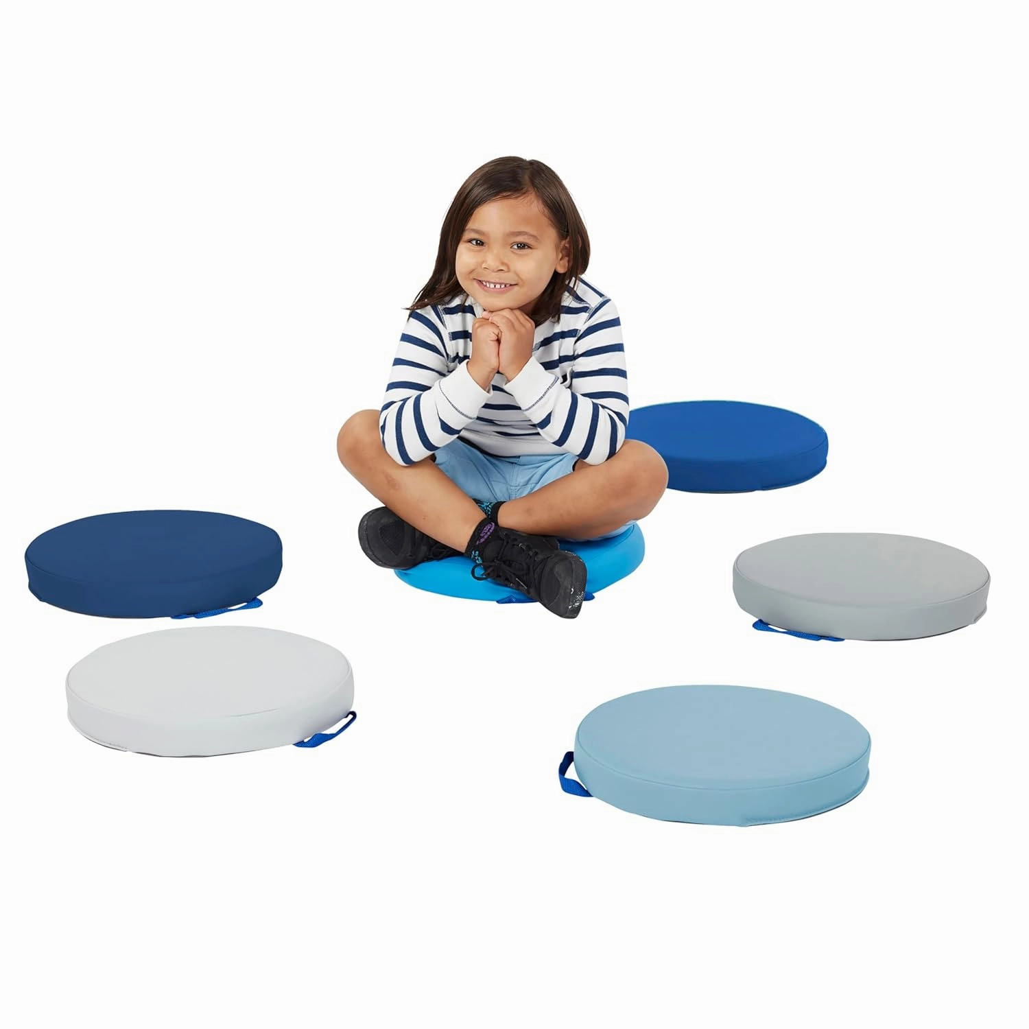 Factory Direct Partners SoftScape 15 inch Round Classroom Floor Cushions with Handles; Flexible Seating for Daycare, Preschool, Playroom; 2 inch Thick Deluxe Foam (6-Piece)